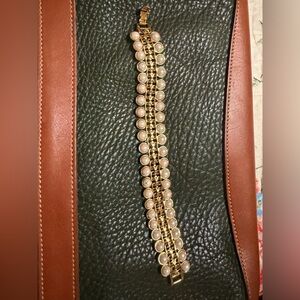 Vintage Avon Faux Pearl Bracelet Gold Tone Double Row Pearls Wide Link